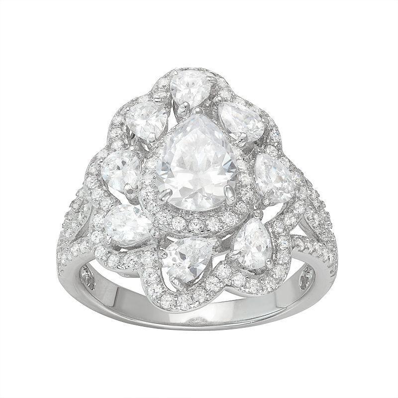 Sterling Silver Cubic Zirconia Pear Halo Ring, Womens White Product Image