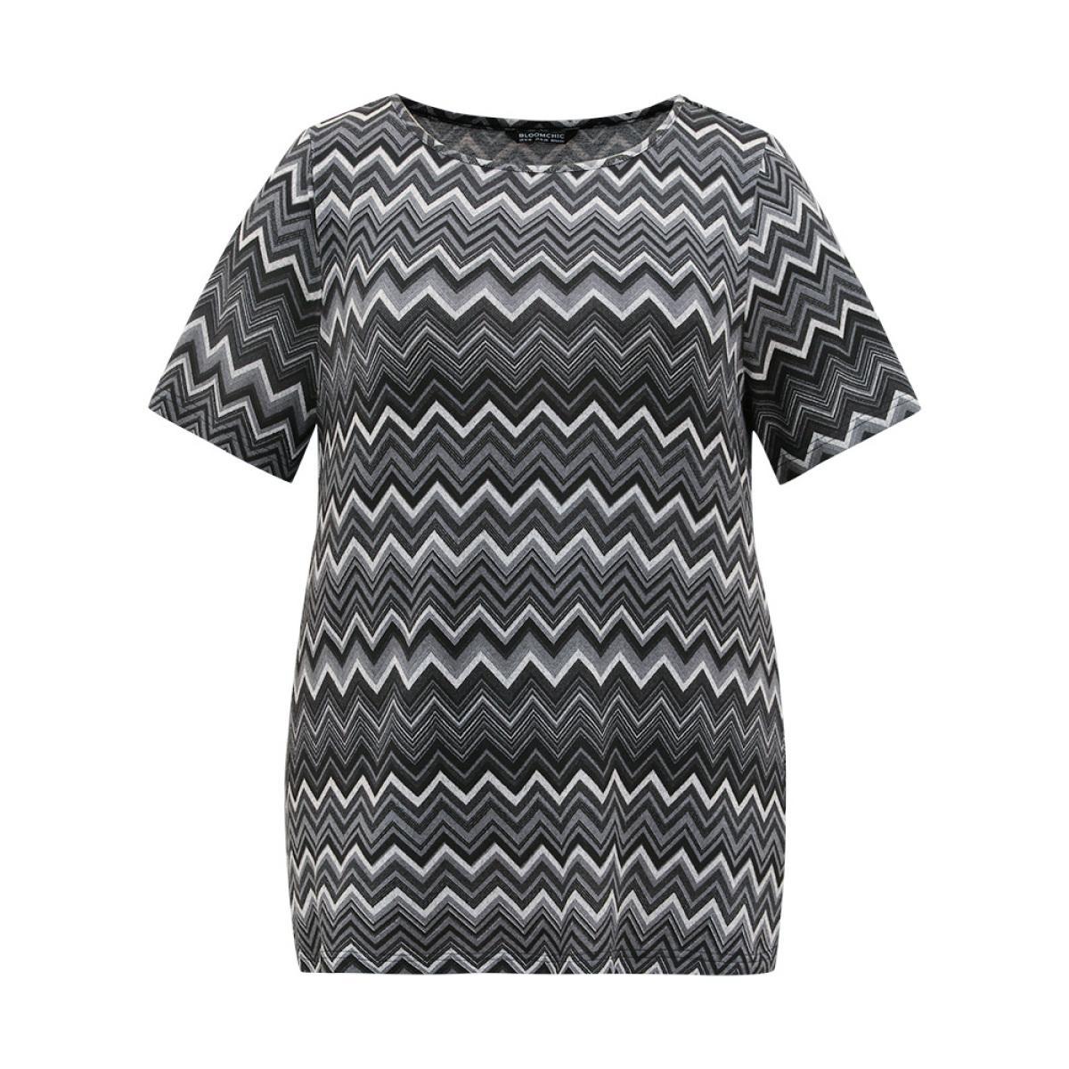 Plus Size Geometric Striped Short Sleeve T-shirt Gray Women Casual Printed Geometric Round Neck Dailywear T-shirts BloomChic 12/L Product Image