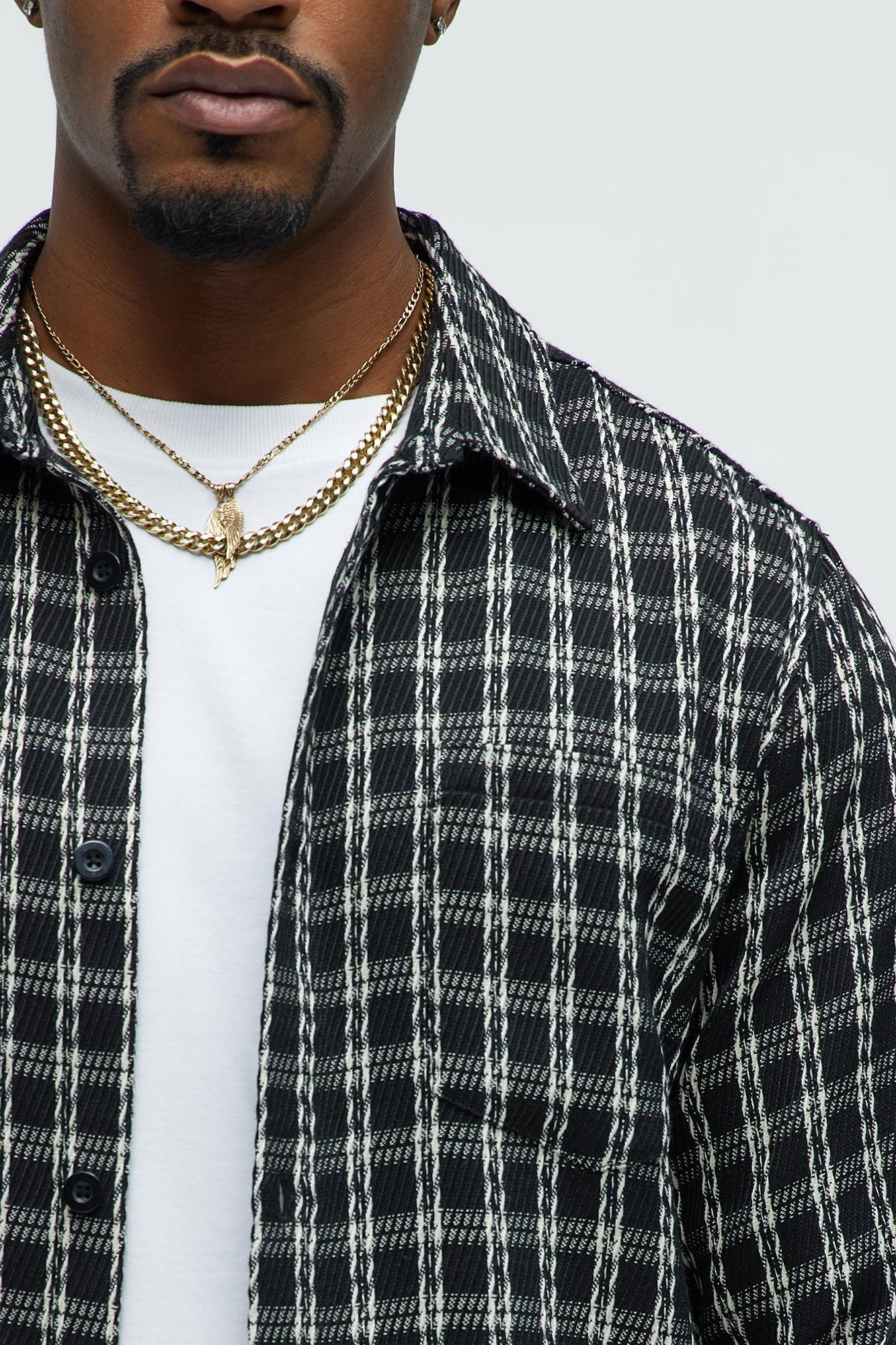 Jacquard Twill Plaid Long Sleeve Button Up - Black/White Product Image