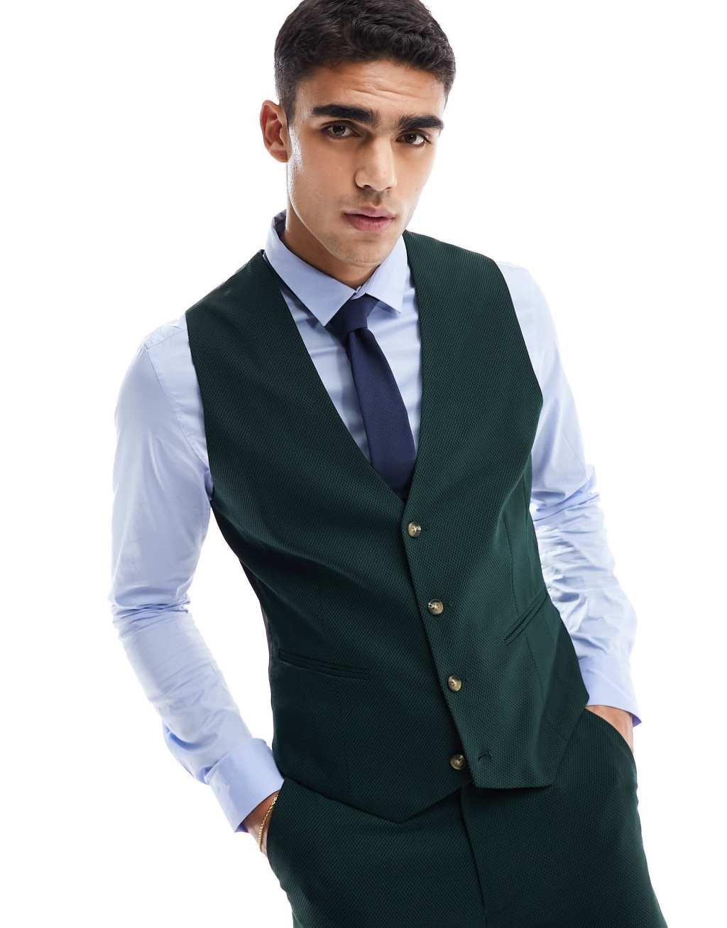 ASOS DESIGN wedding skinny suit vest in forest green micro texture Product Image