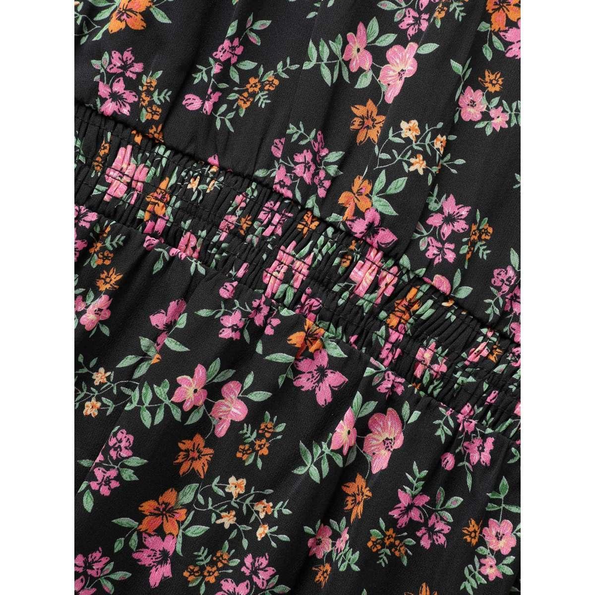 Plus Size V Neck Ditsy Floral Shirred Dress Black Women Elegant Shirred V-neck Short sleeve Curvy BloomChic 12/L Product Image