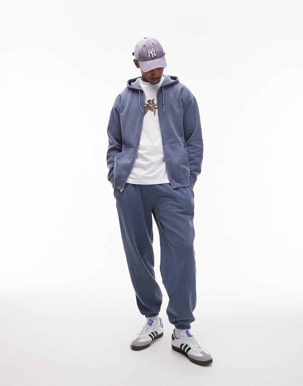 Topman vintage wash zip up hoodie in blue Product Image