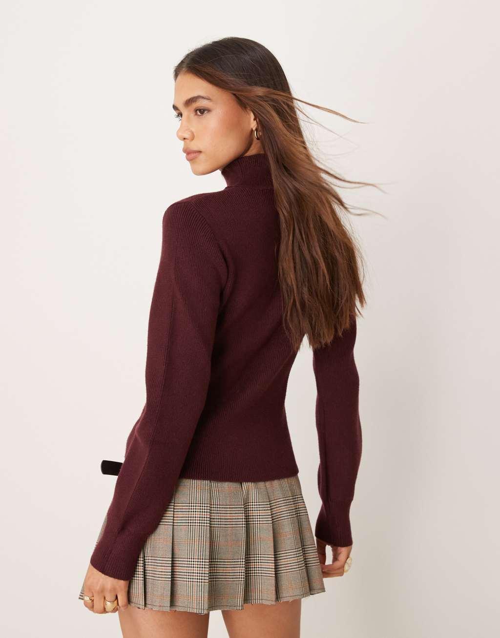 Mango high neck knit sweater in burgundy Product Image