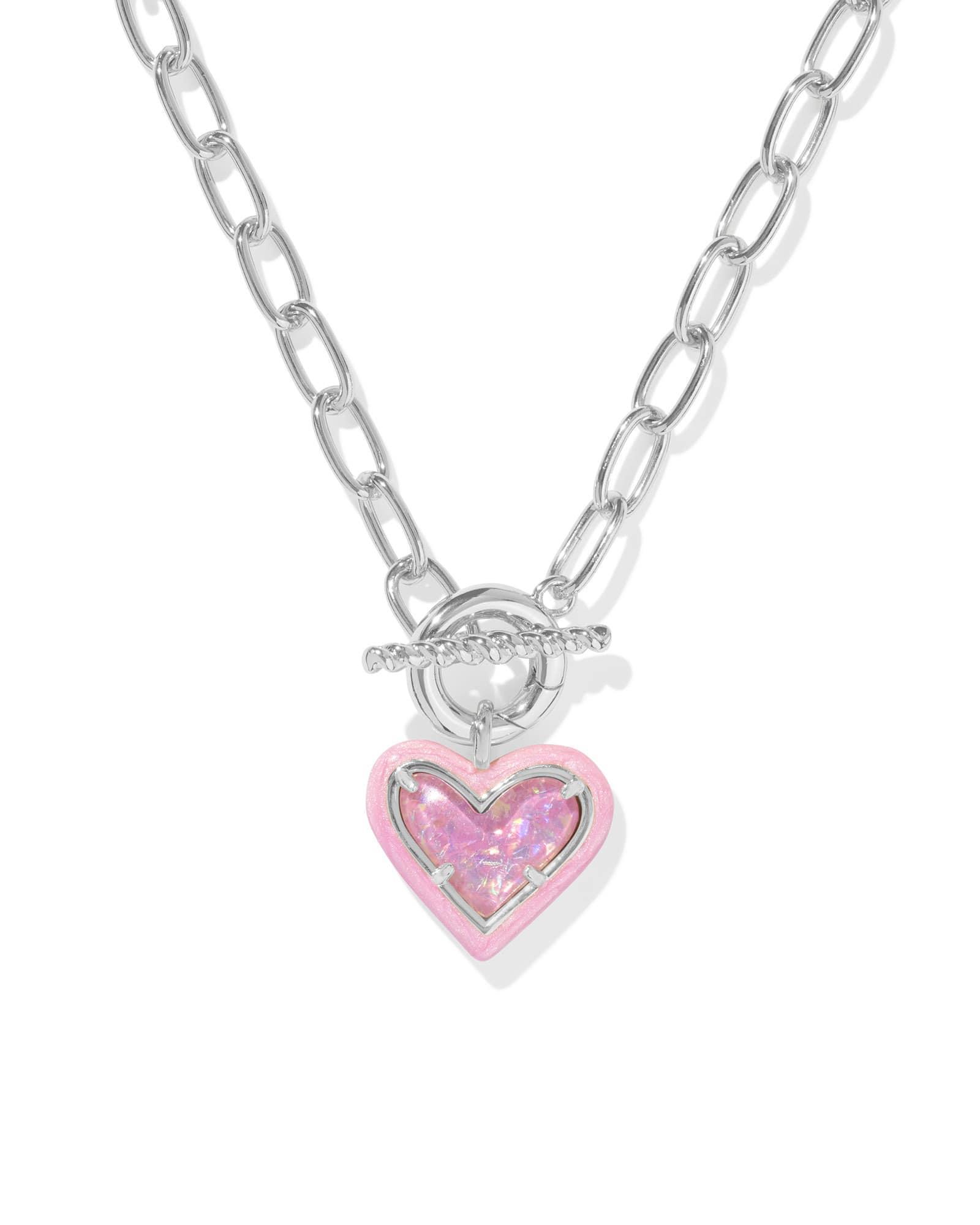 Ari Heart Silver Enamel Frame Link and Chain Necklace in Pink Iridescent Glitter Glass Product Image