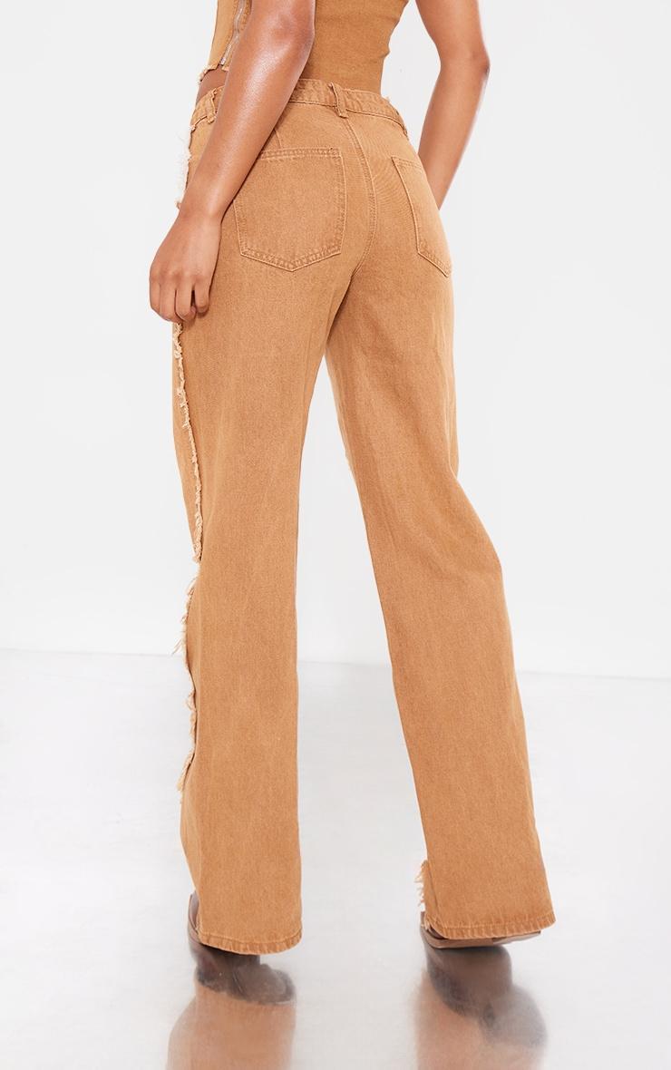 Washed Brown Raw Hem Detail Star Applique Wide Leg Jeans Product Image