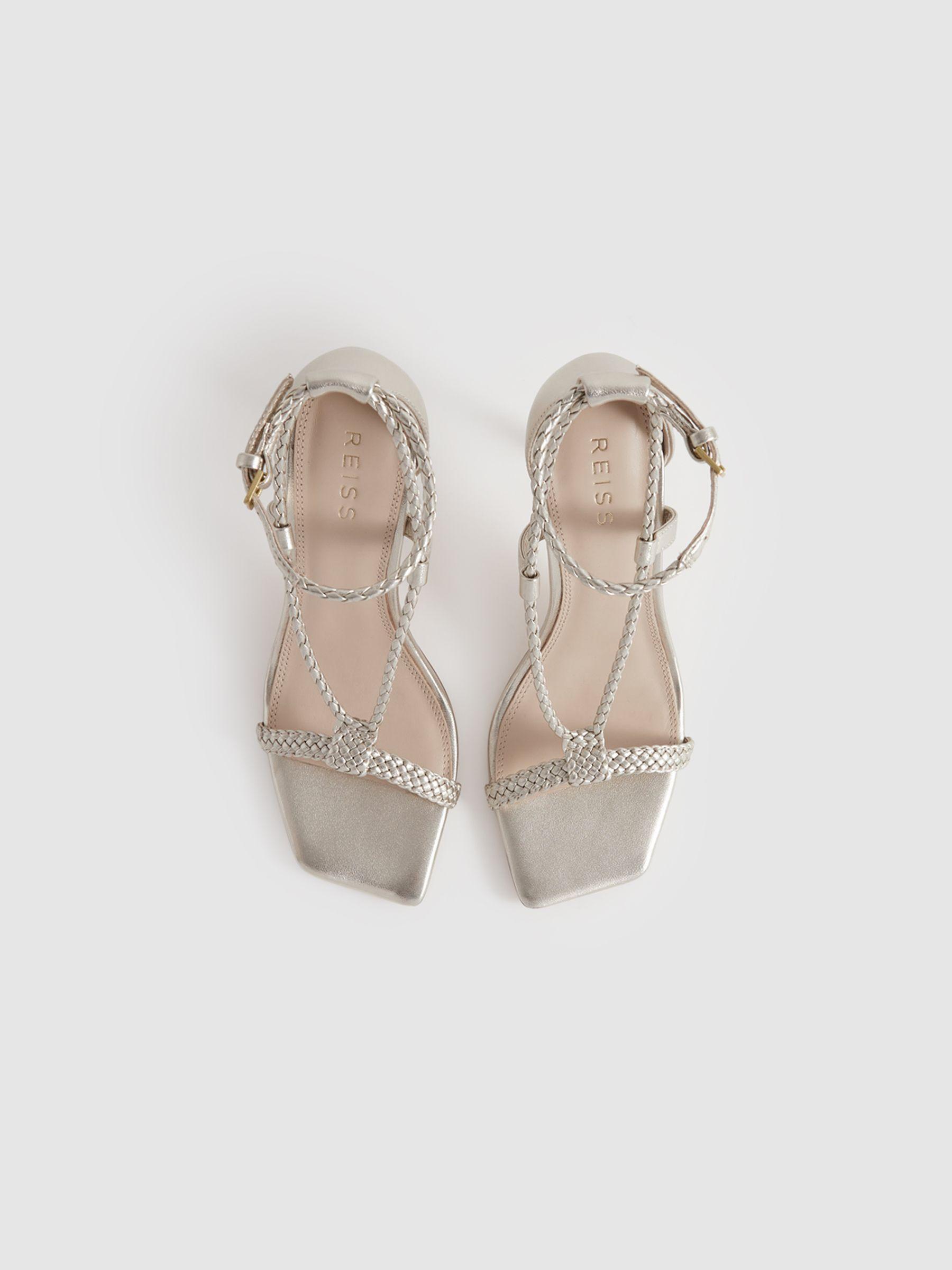 Leather Plaited Strappy Heeled Sandals in Gold Product Image