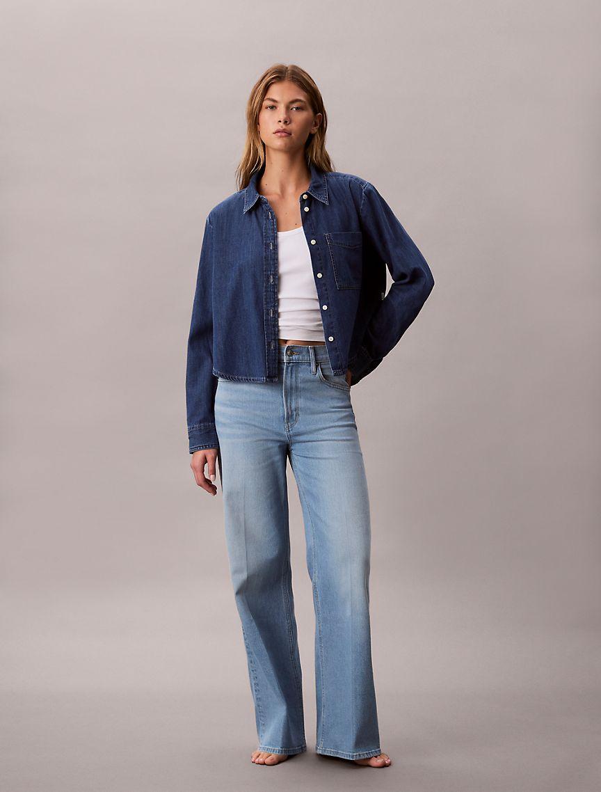 Denim Cropped Relaxed Button-Down Shirt Product Image