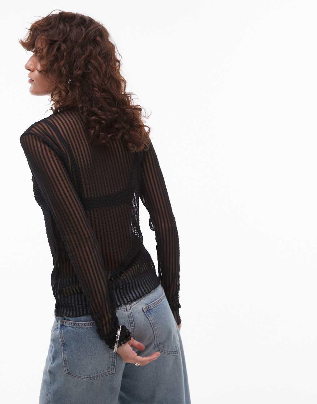 Topshop sheer textured stripe long sleeve top in black Product Image