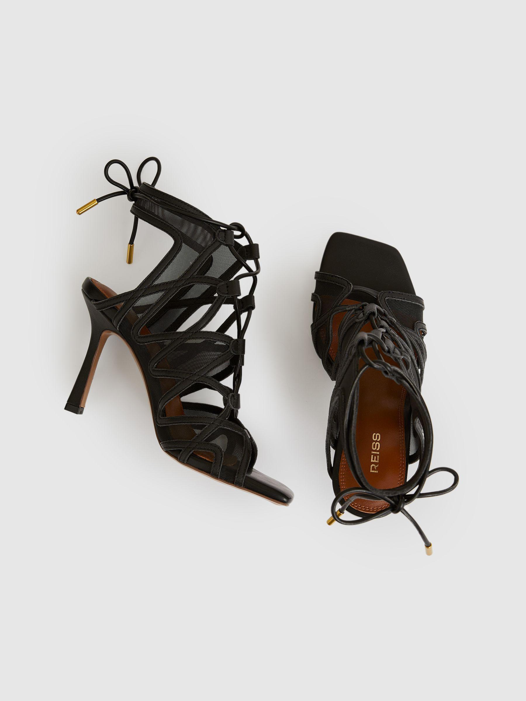 Mesh Leather Strappy Heels in Black Product Image