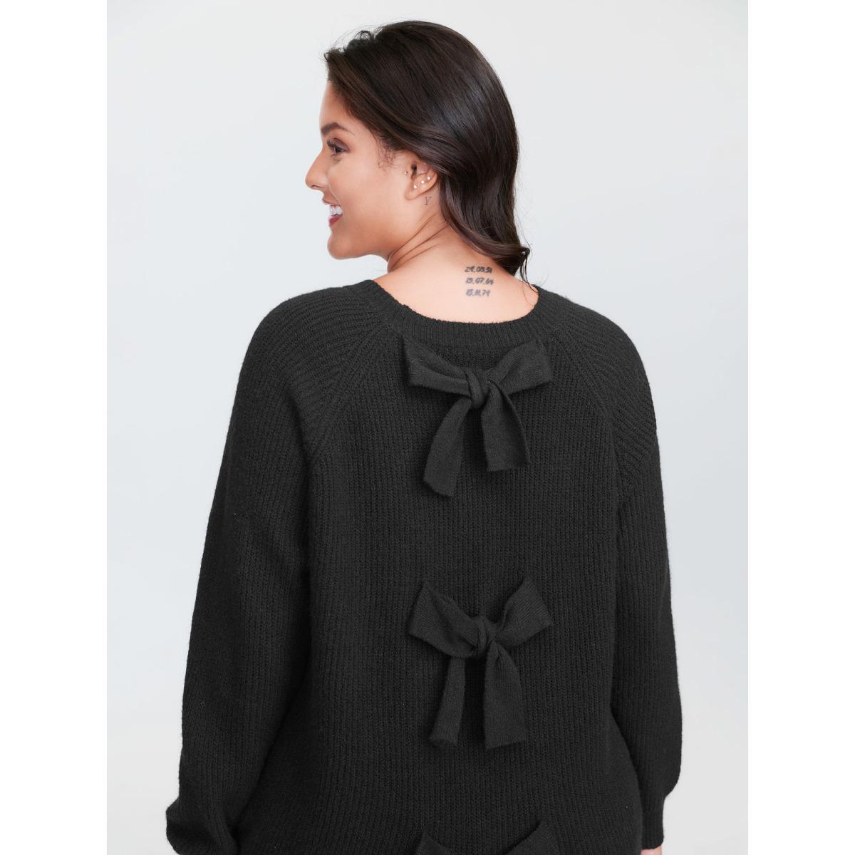 Plus Size Back Bow Split Back Pullover Black Women Leisure Loose Long Sleeve Round Neck Casual Pullovers BloomChic 18-20/2X Product Image