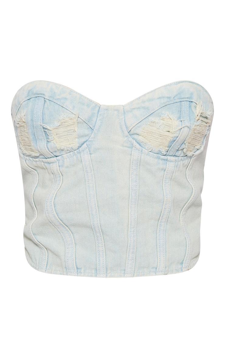 Ice Blue Wash Distressed Cup Denim Corset Top Product Image