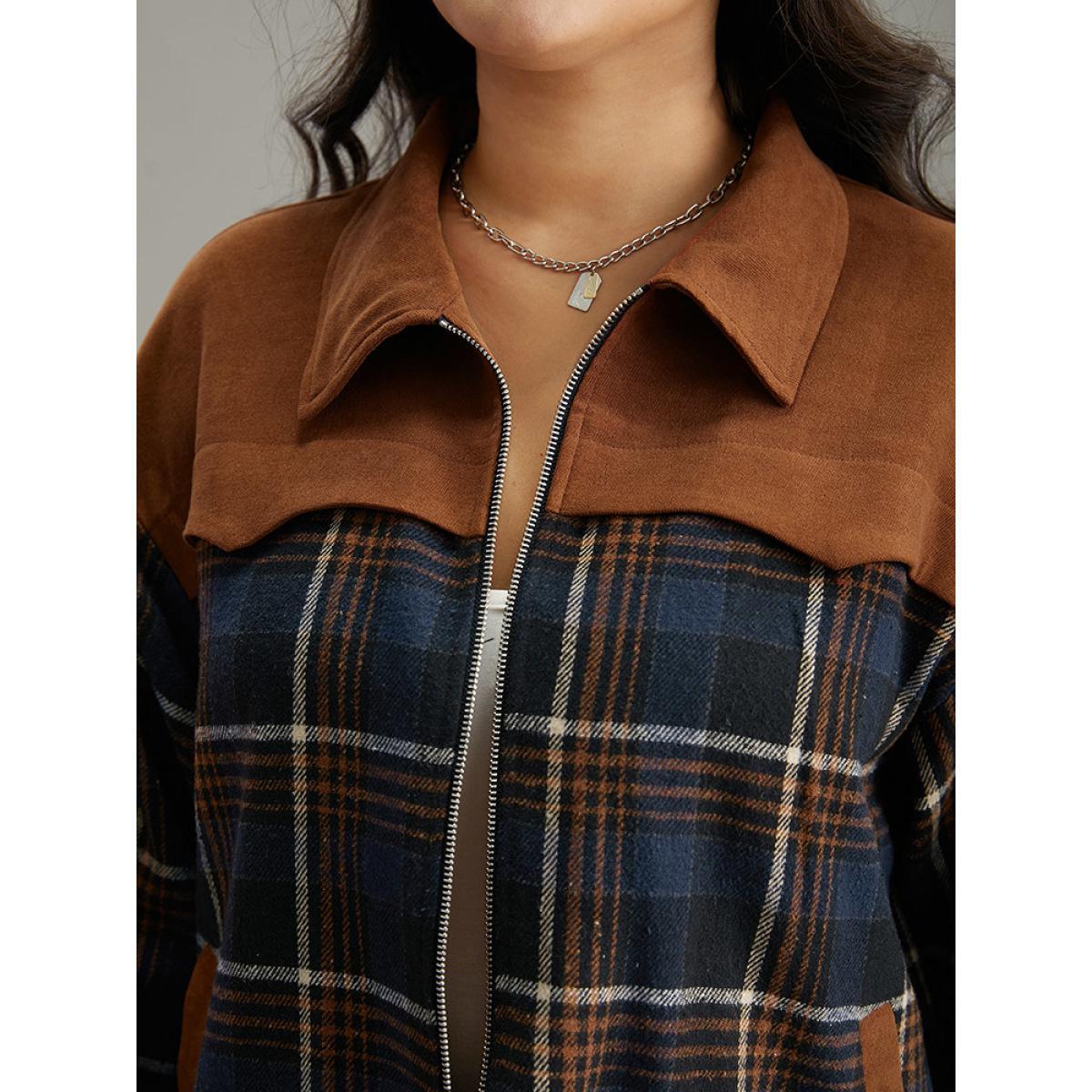 Plus Size Plaid Patchwork Pocket Lapel Collar Zipper Fly Jacket Women Multicolor Contrast Pocket Dailywear Jackets BloomChic 10/M Product Image