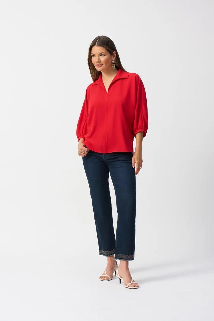 Woven Boxy Top With Shirt Collar- Radiant Red Product Image