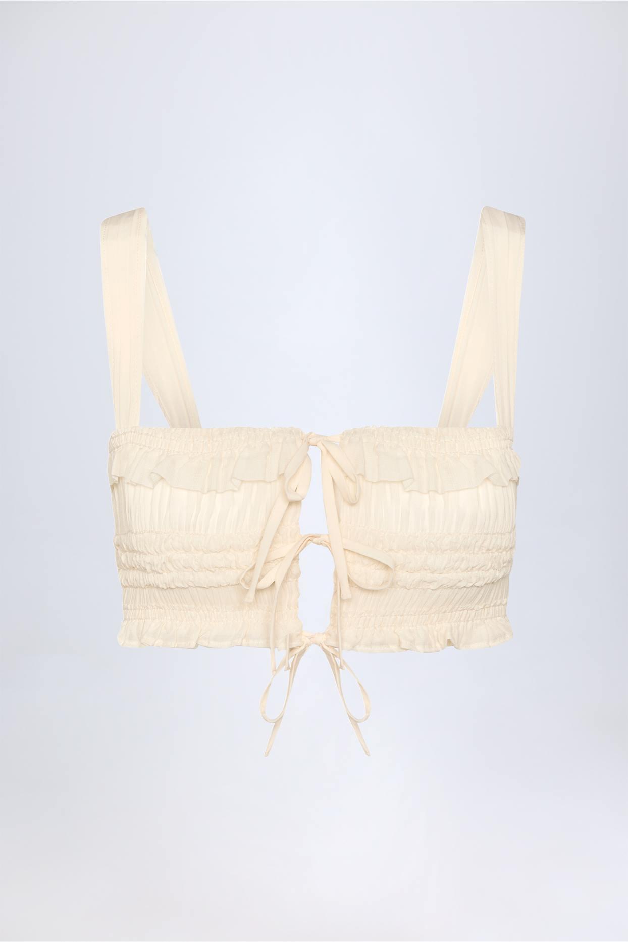 Ruffled Tie-Front Crop Top in Ivory Product Image