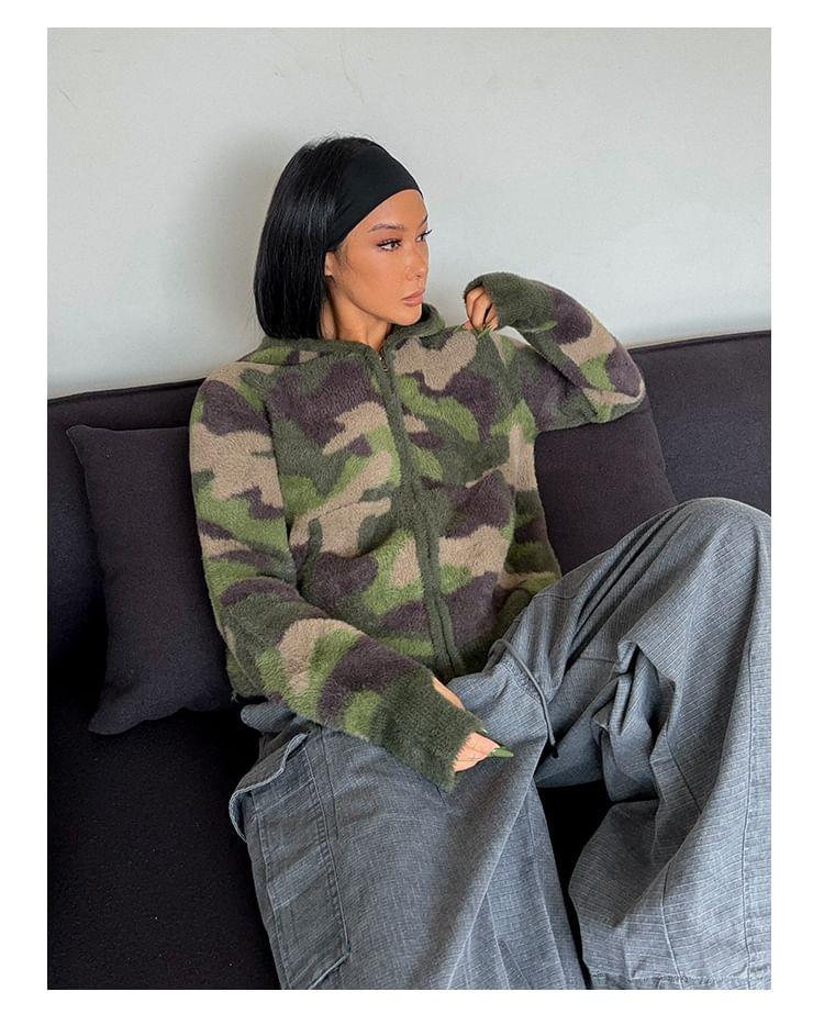 Camo Print Hooded Zip Cardigan Product Image