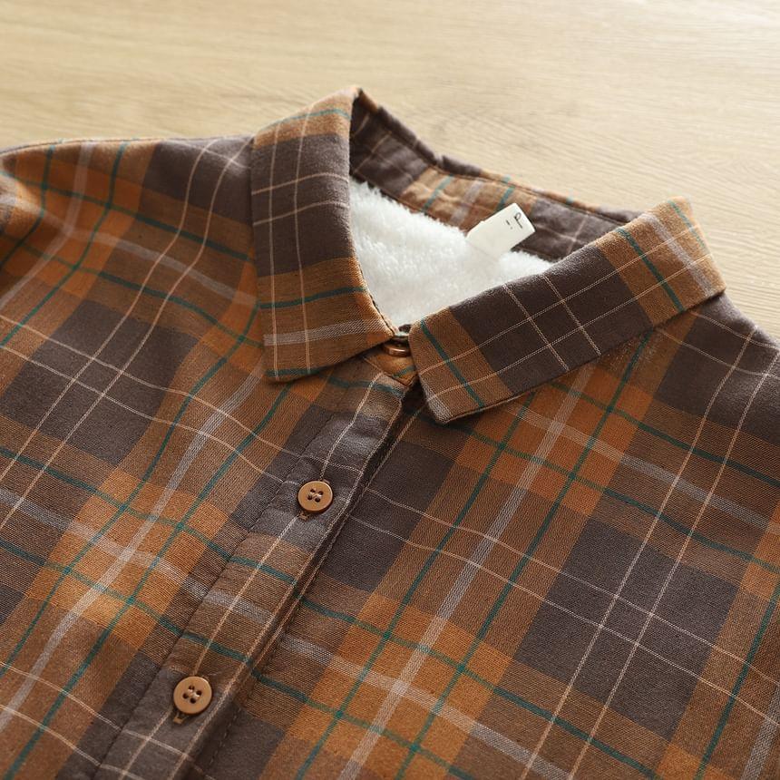 Long Sleeve Lapel Collar Plaid Button Shirt Product Image