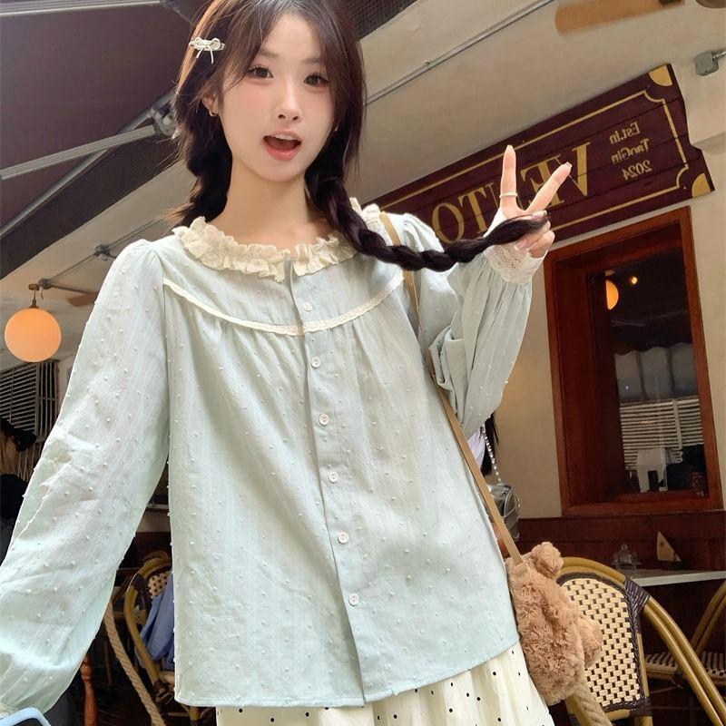 Long-Sleeve Dotted Lace Trim Blouse Product Image