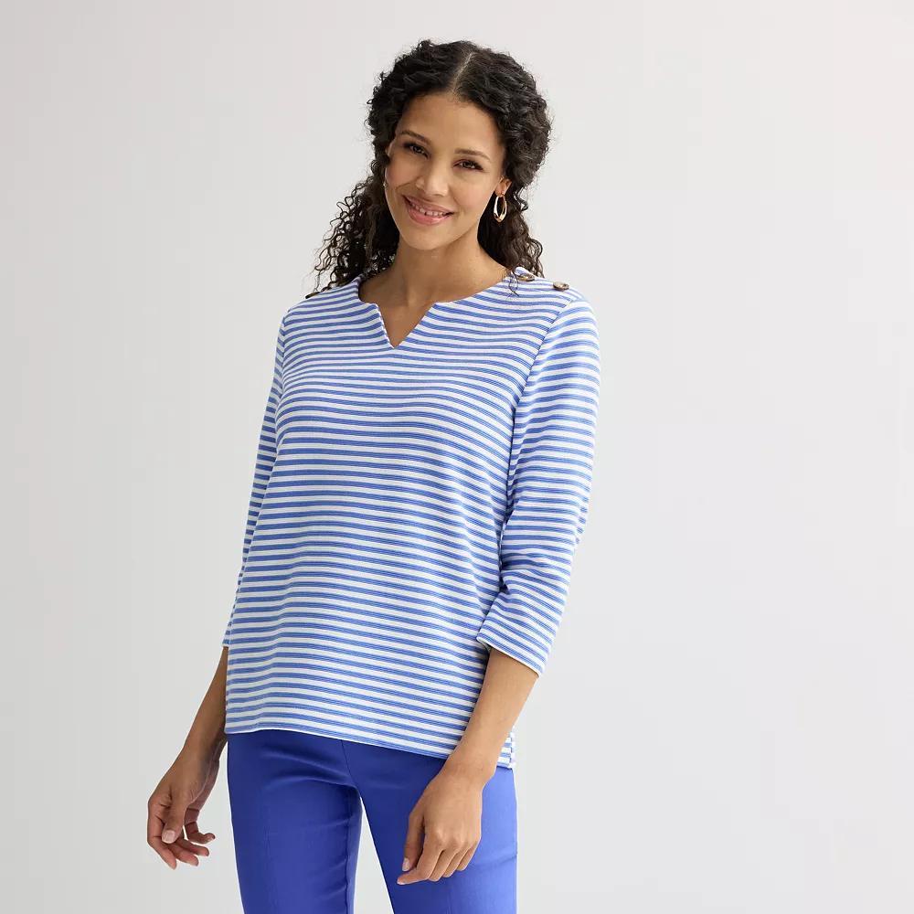 Women's Croft & Barrow® Button Shoulder Split Neck Top, Size: Large, Blue Stripe Product Image