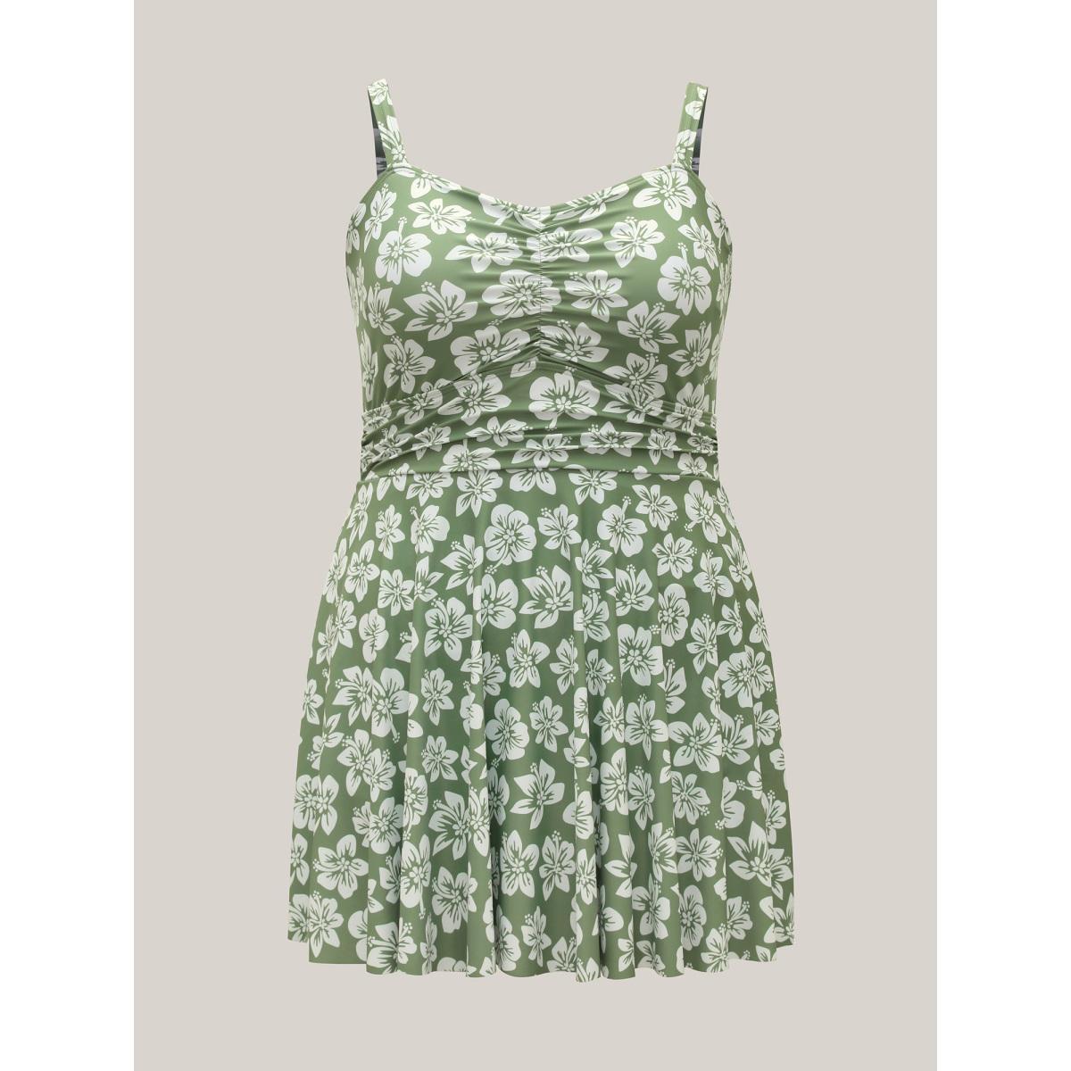 Plus Size Serene Floral Pattern Pleated Swim Dress Women's Swimwear Greenbean Beach Bodycon Heart neckline High stretch Curve Swim Dresses BloomChic 22-24/3X Product Image