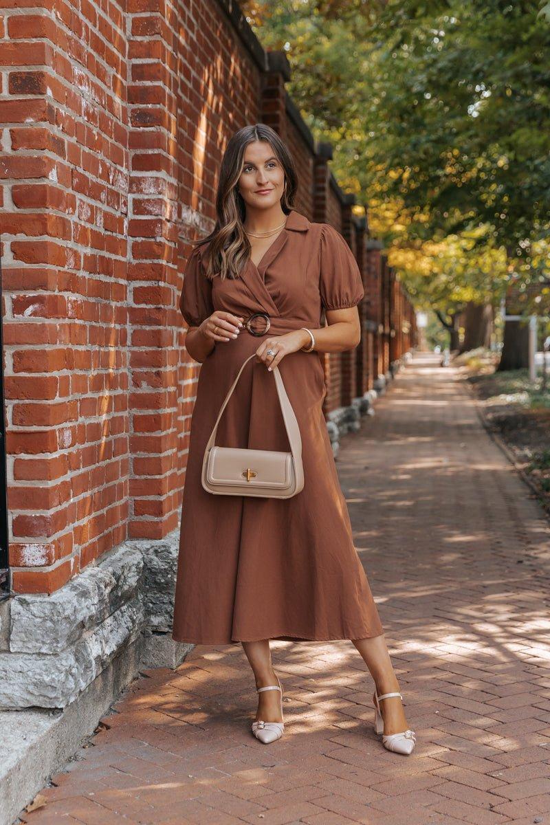 True Autumn Brown Belted Midi Dress - FINAL SALE Female Product Image