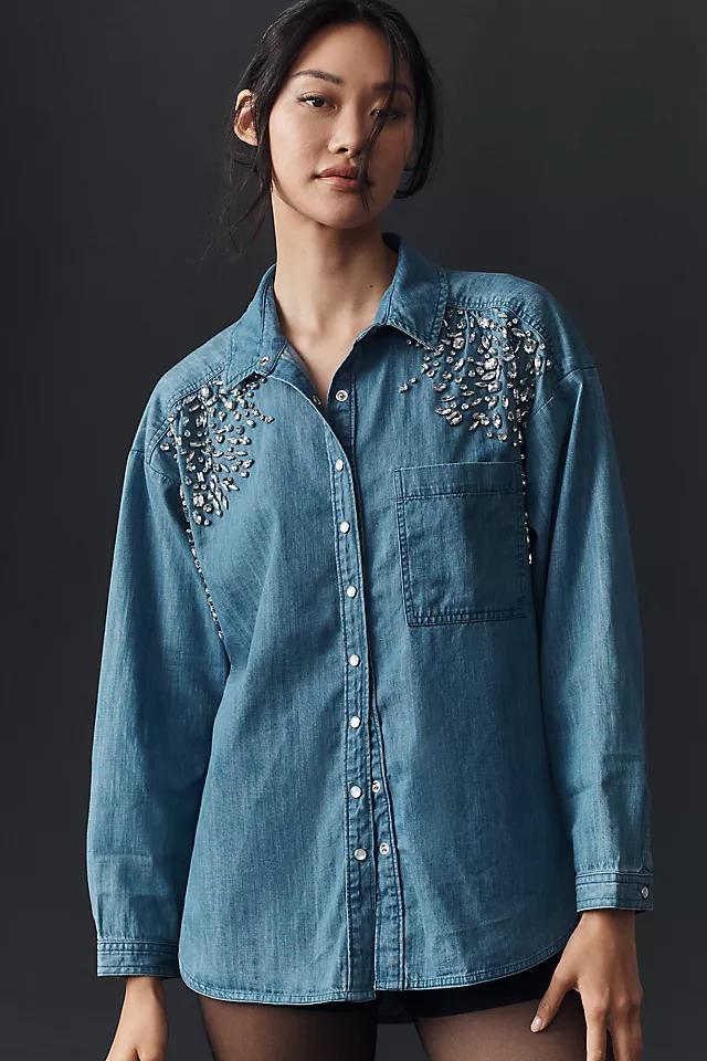 By Anthropologie Crystal-Embellished Denim Buttondown Shirt Product Image