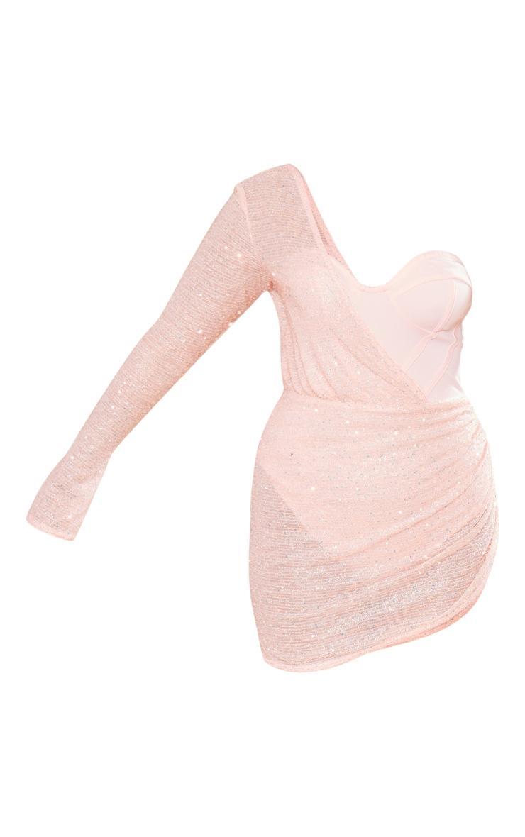 Pink Sequin One Shoulder Corset Detail Wrap Dress Product Image