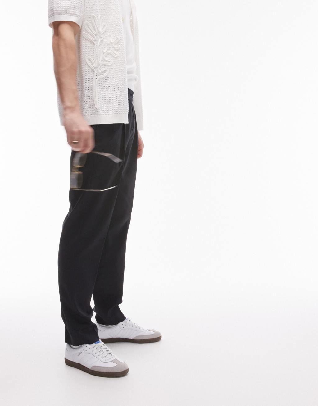 Topman elasticated waist taper pants in navy Product Image