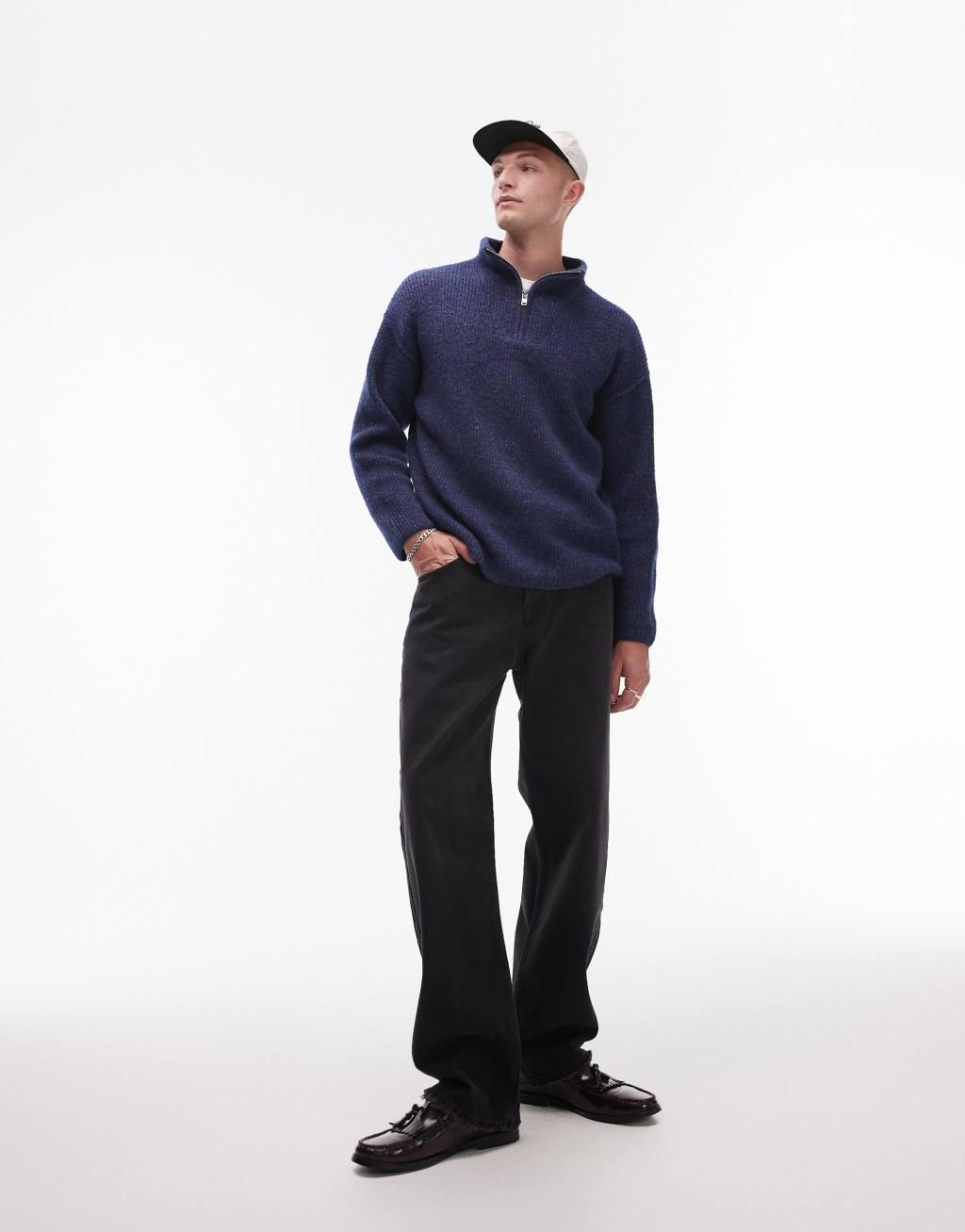 Topman oversized quarter zip sweater in navy Product Image