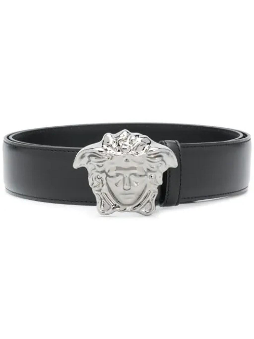 VERSACE Medusa Buckle Textured Leather Belt In Black Product Image