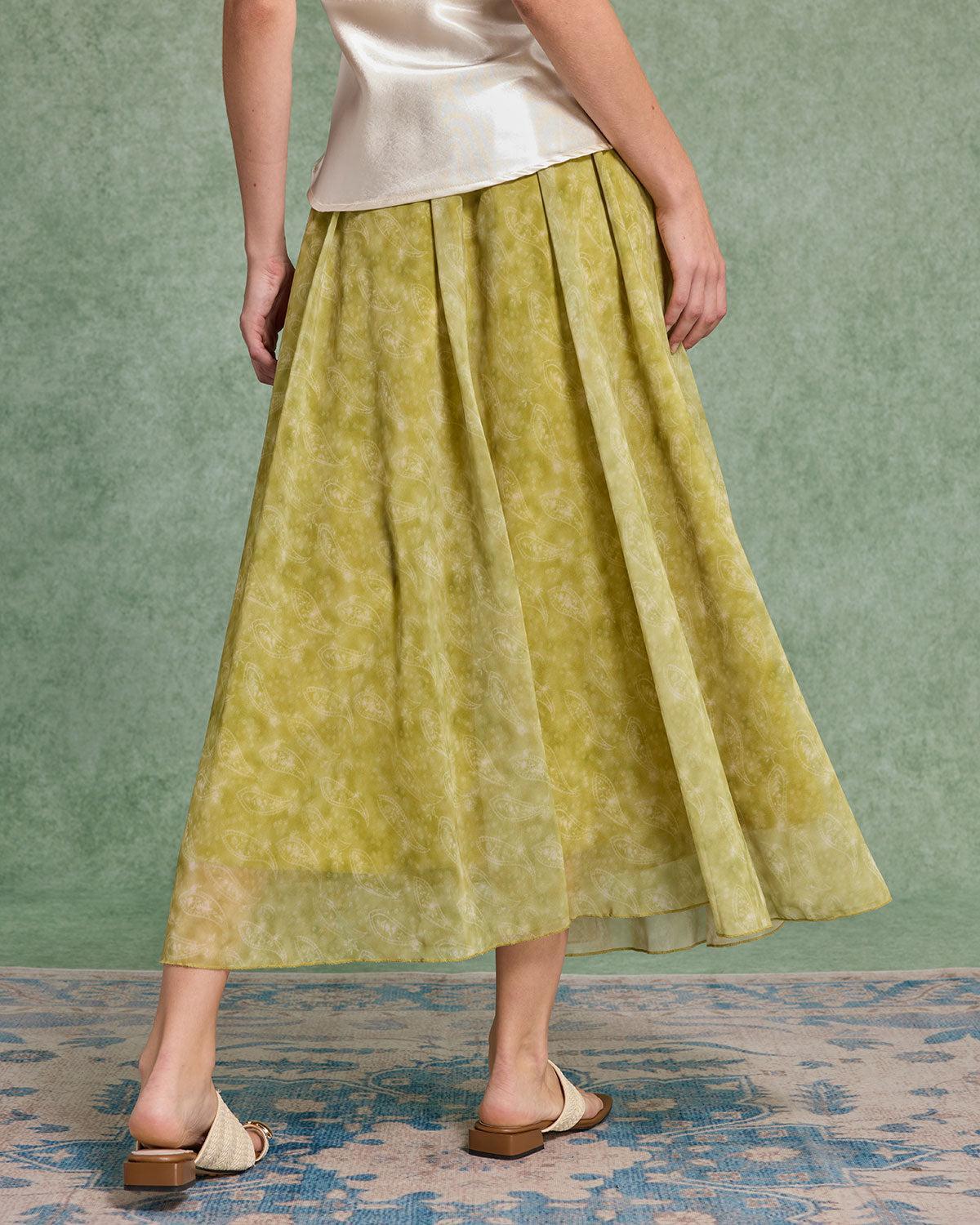 Green Floral Elastic Waist Midi Skirt Product Image