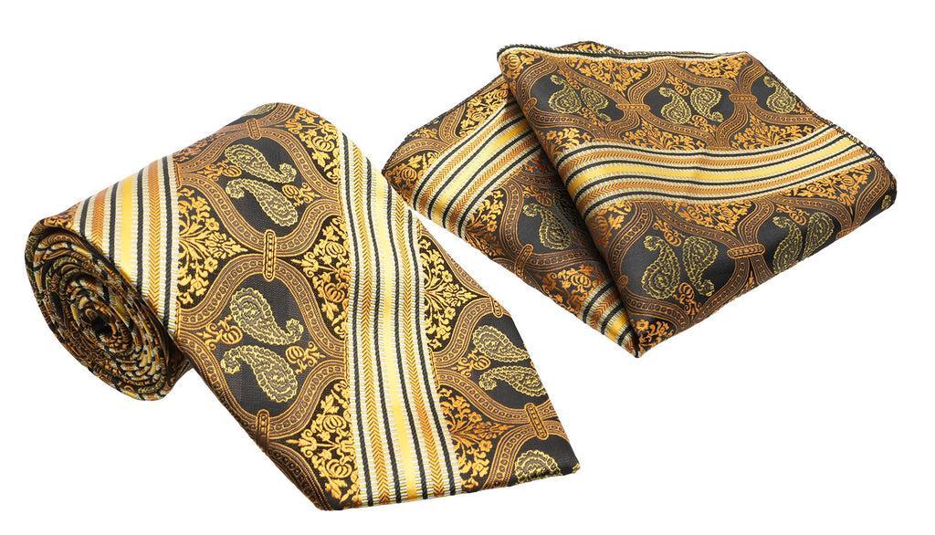 Gold Black Floral Striped Pattern Men's Classic Tie and Pocket Square Set Product Image