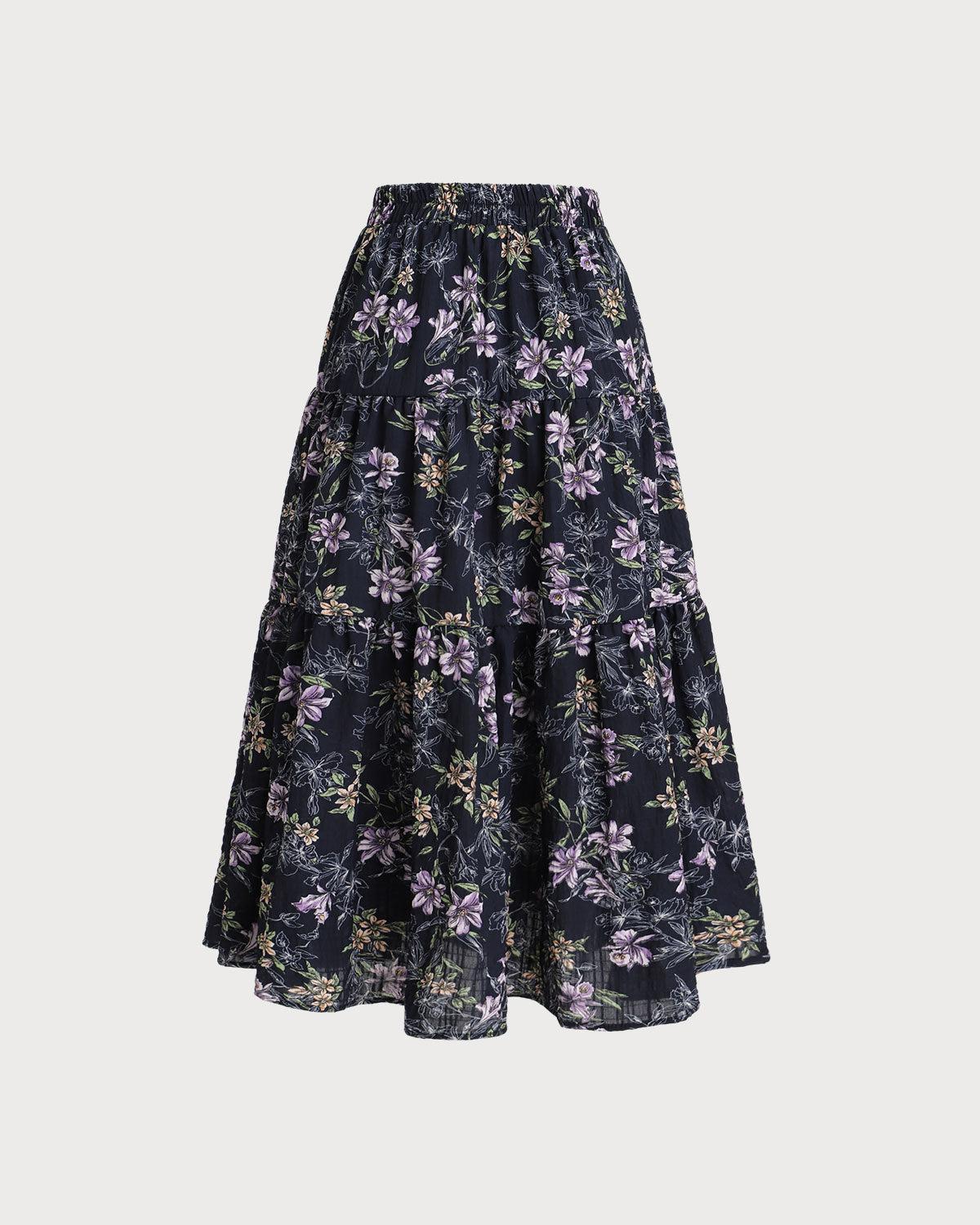 Black Floral Elastic Waist Midi Skirt Product Image