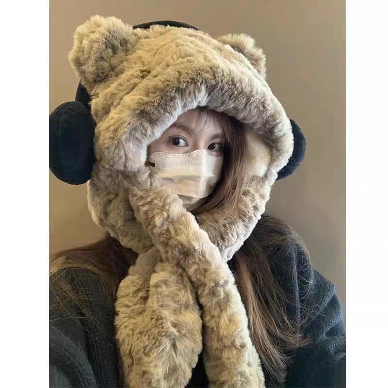 Bear Ear Fluffy Hooded Scarf / Ribbed Beanie Product Image