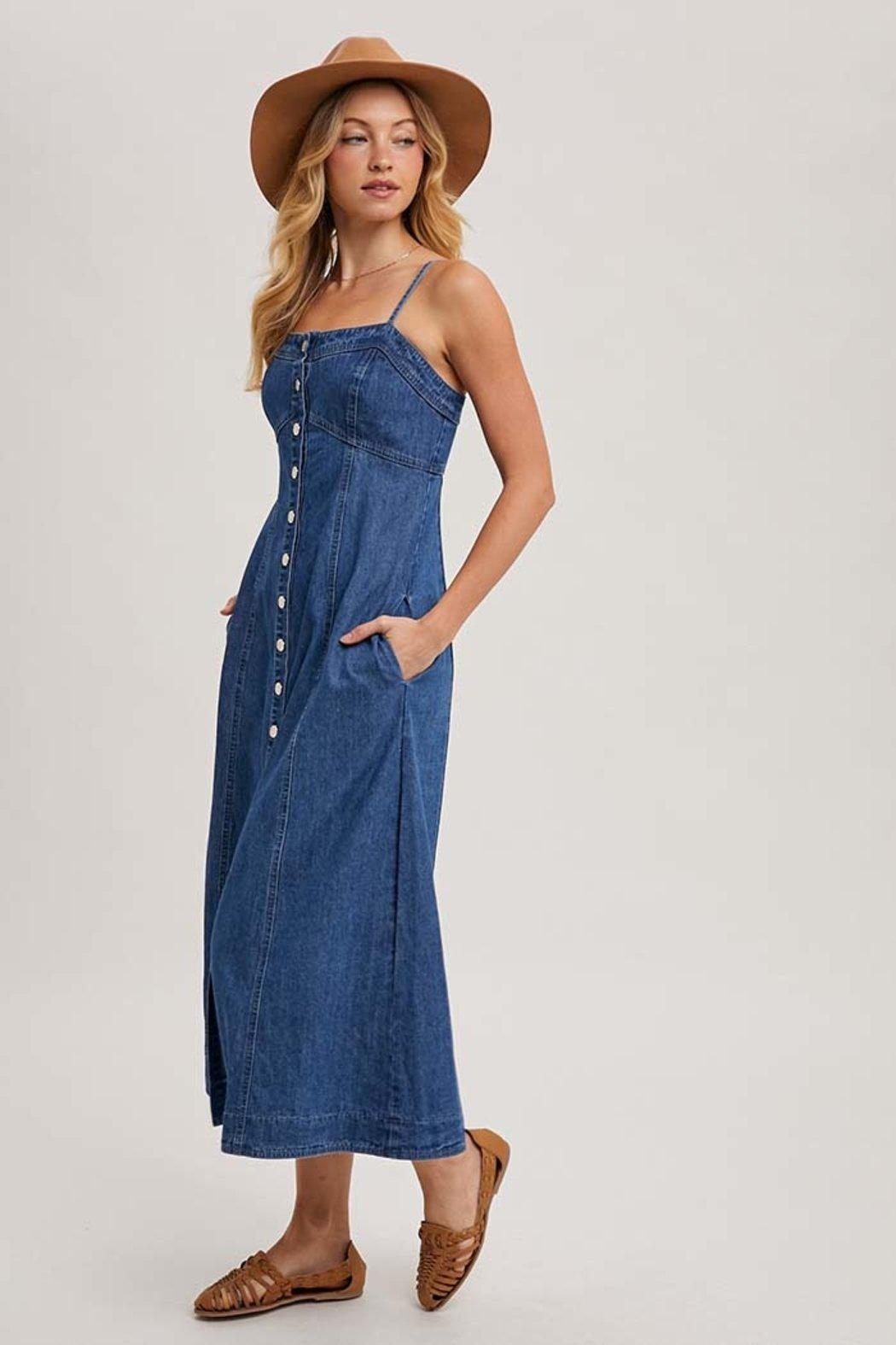 Button Down Sleeveless Denim Midi Dress Product Image