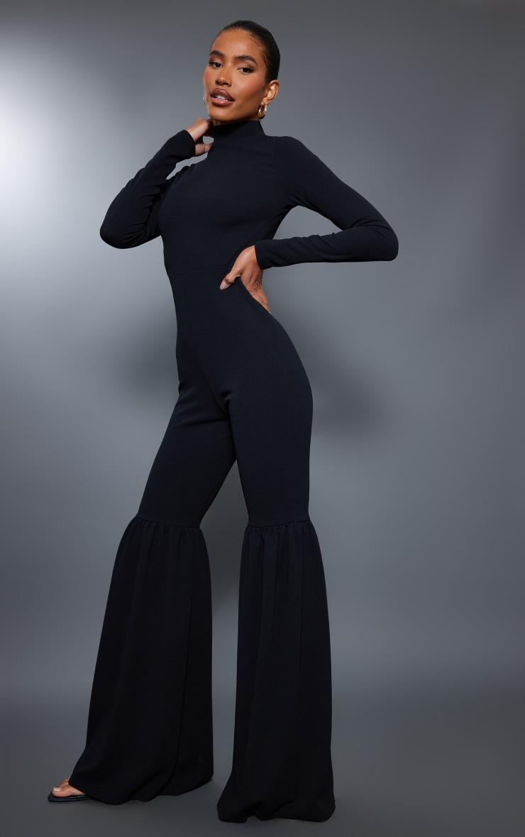 Black High Neck Extreme Flare Long Sleeve Jumpsuit Product Image