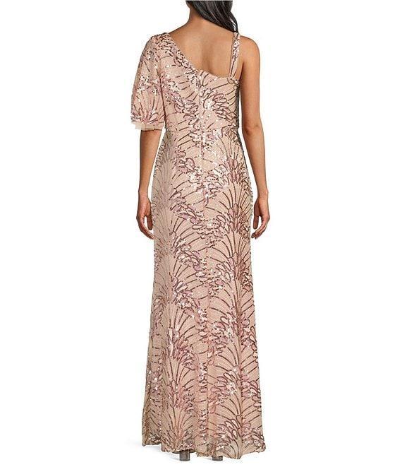 R & M Richards One Shoulder Embroidered Sequin Dress Product Image