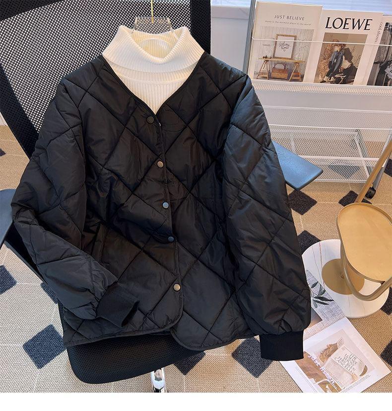 V-Neck Quilted Button-Up Jacket Product Image