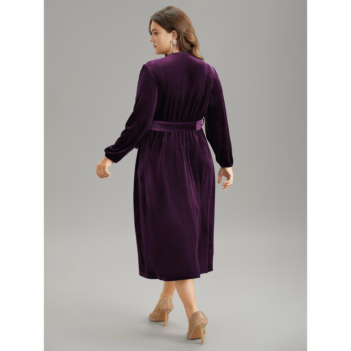 Plus Size Solid Velvet Belted Wrap Arc Hem Dress Black Women Elegant Elastic cuffs Overlap Collar Long Sleeve Curvy Midi Dress BloomChic 18-20/2X Product Image