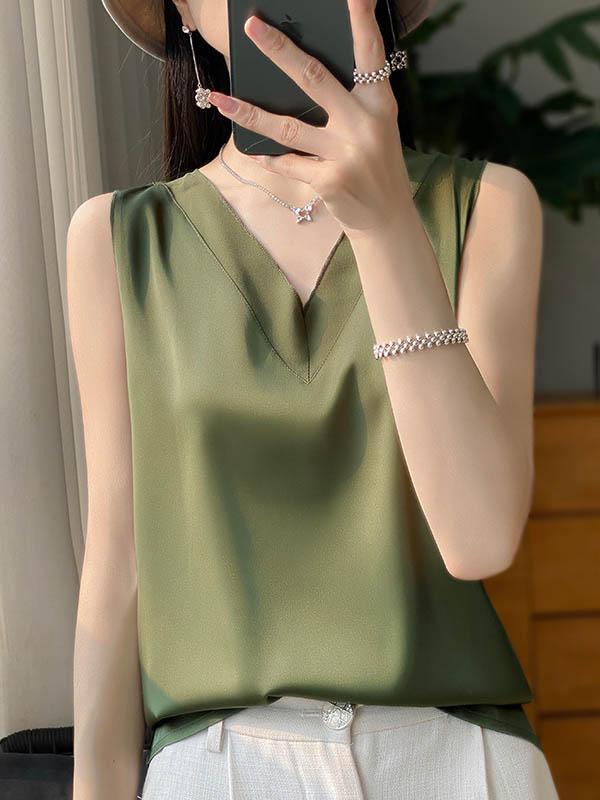 Loose Sleeveless Solid Color V-Neck Vest Top Product Image