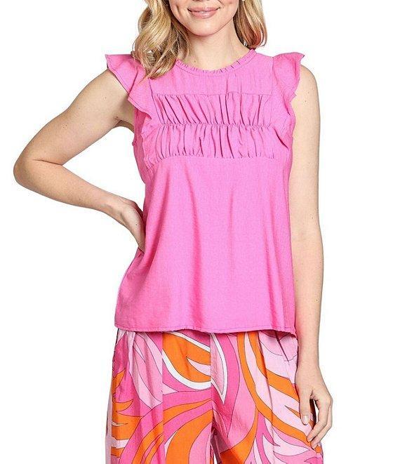 APNY Crinkle Woven Round Neck Cap Flutter Sleeve Top Product Image