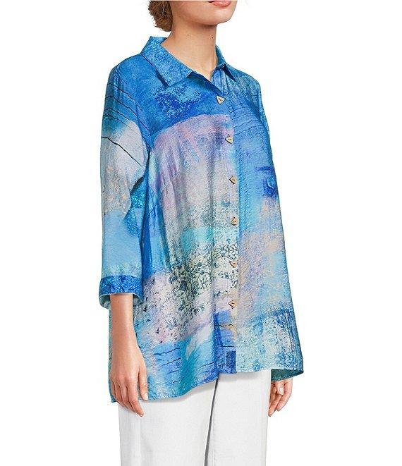 Ali Miles Abstract Block Printed Point Collar 3/4 Sleeve Button Front Tunic Product Image