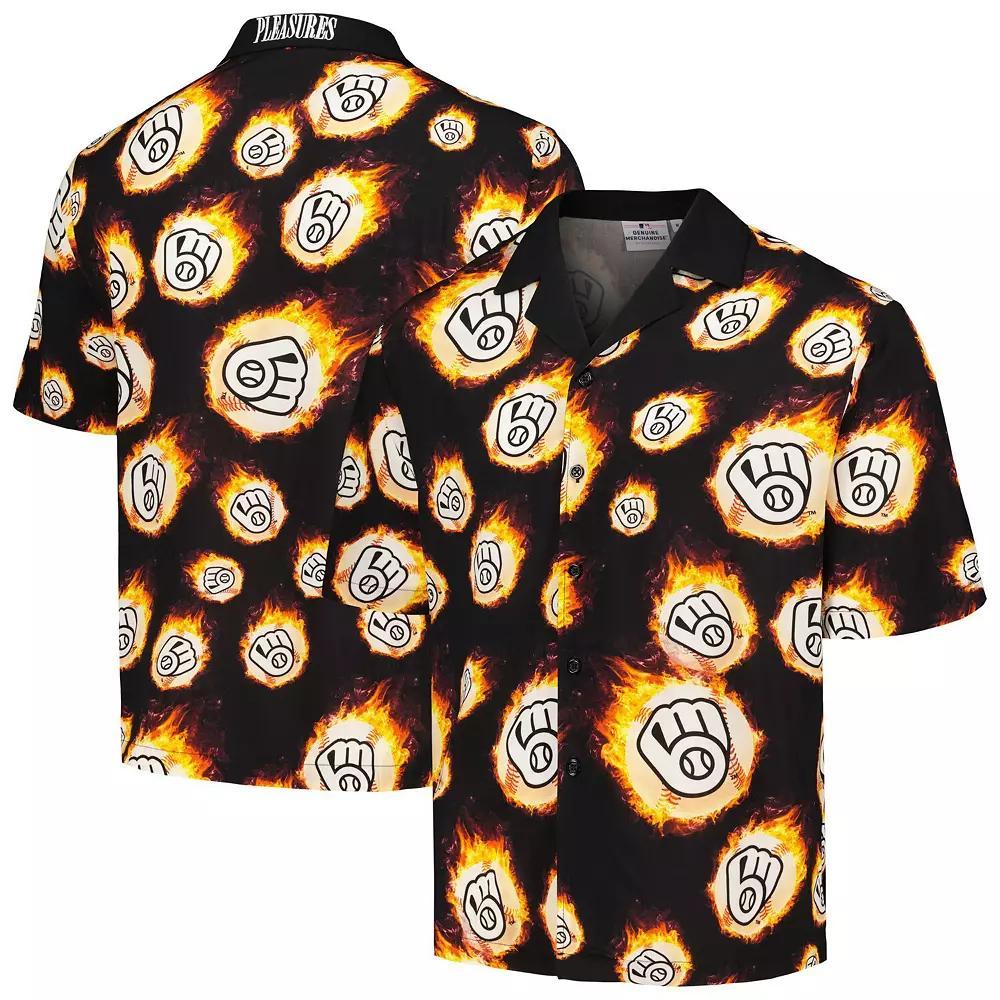 Men's Black Milwaukee Brewers Flame Fireball Button-Up Shirt, Size: Large Product Image