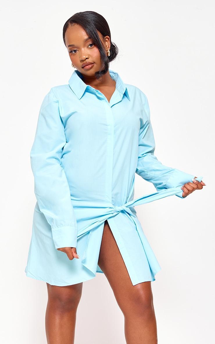 Plus Blue Cotton Poplin Knot Shirt Dress Product Image