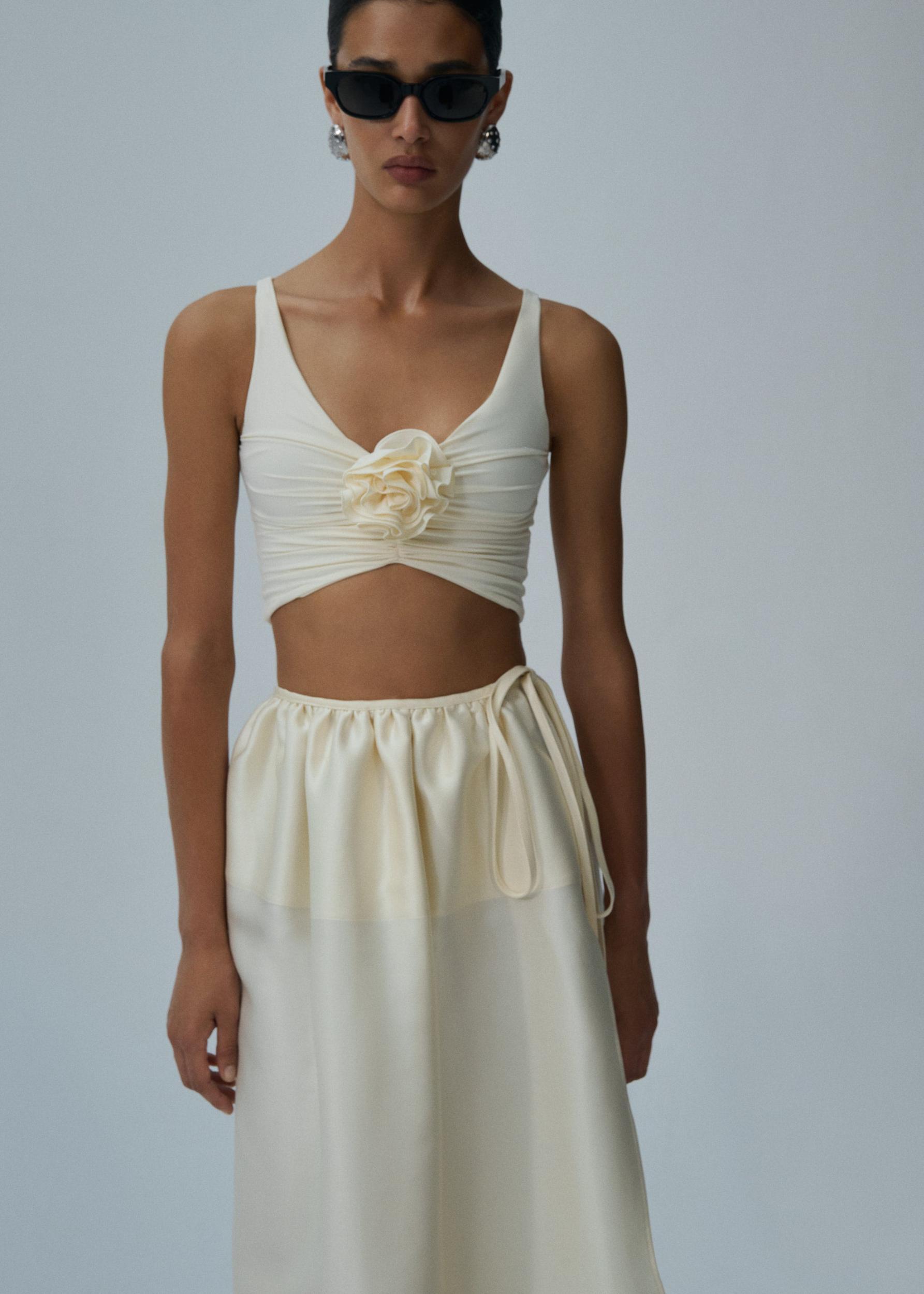Ruched flower top in cream Product Image