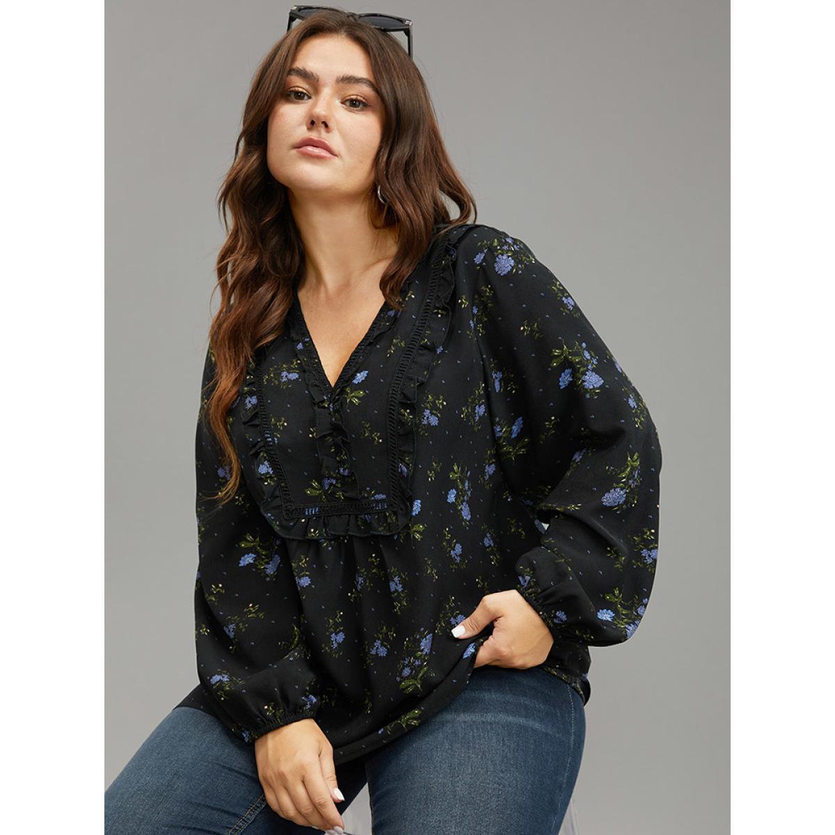 Plus Size Black Ditsy Floral Lantern Sleeve Frill Trim Blouse Women Elegant Long Sleeve V-neck Dailywear Blouses BloomChic 26/4X Product Image