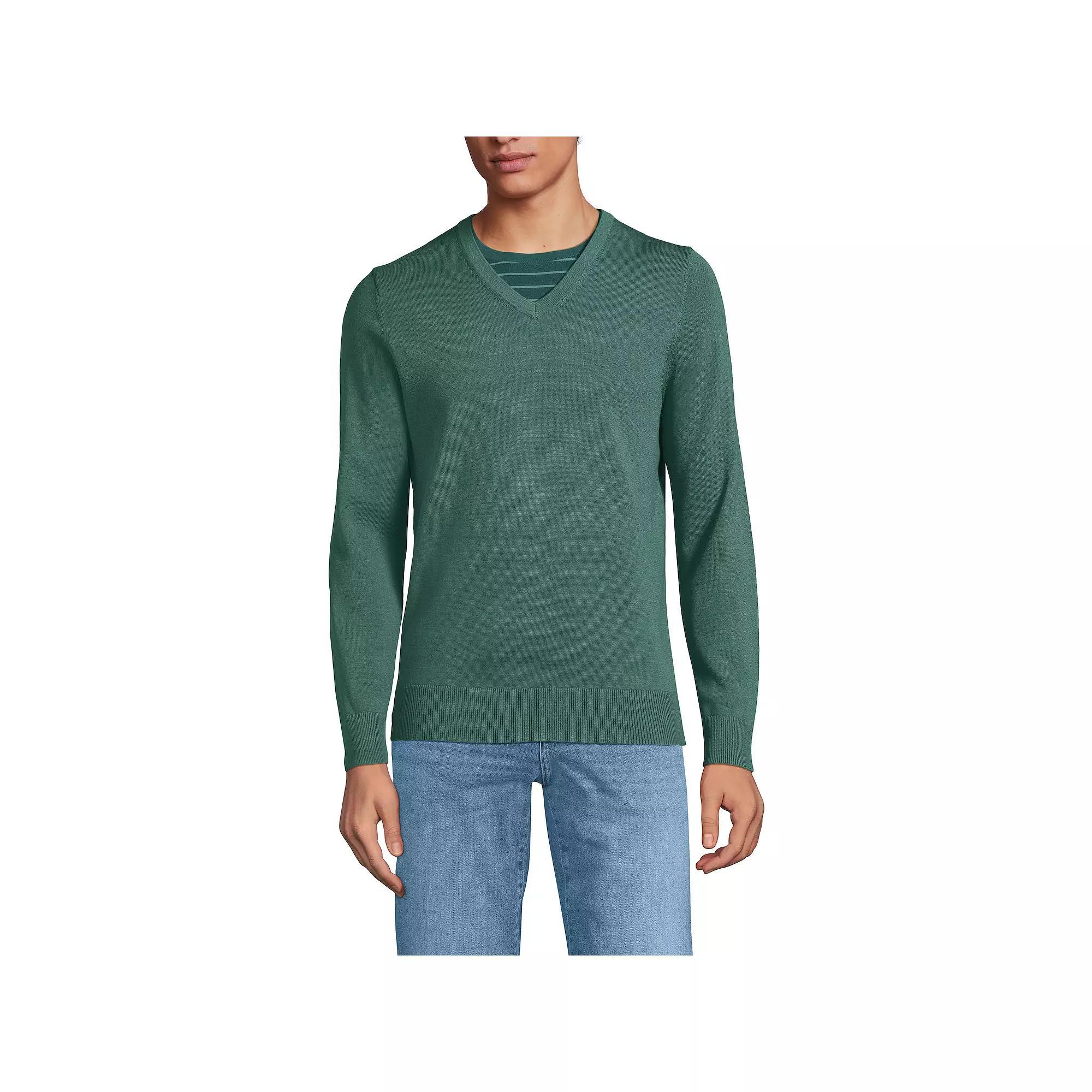 Men's Lands' End Fine Gauge Cotton V-Neck Sweater, Size: Medium, Washed Green Product Image