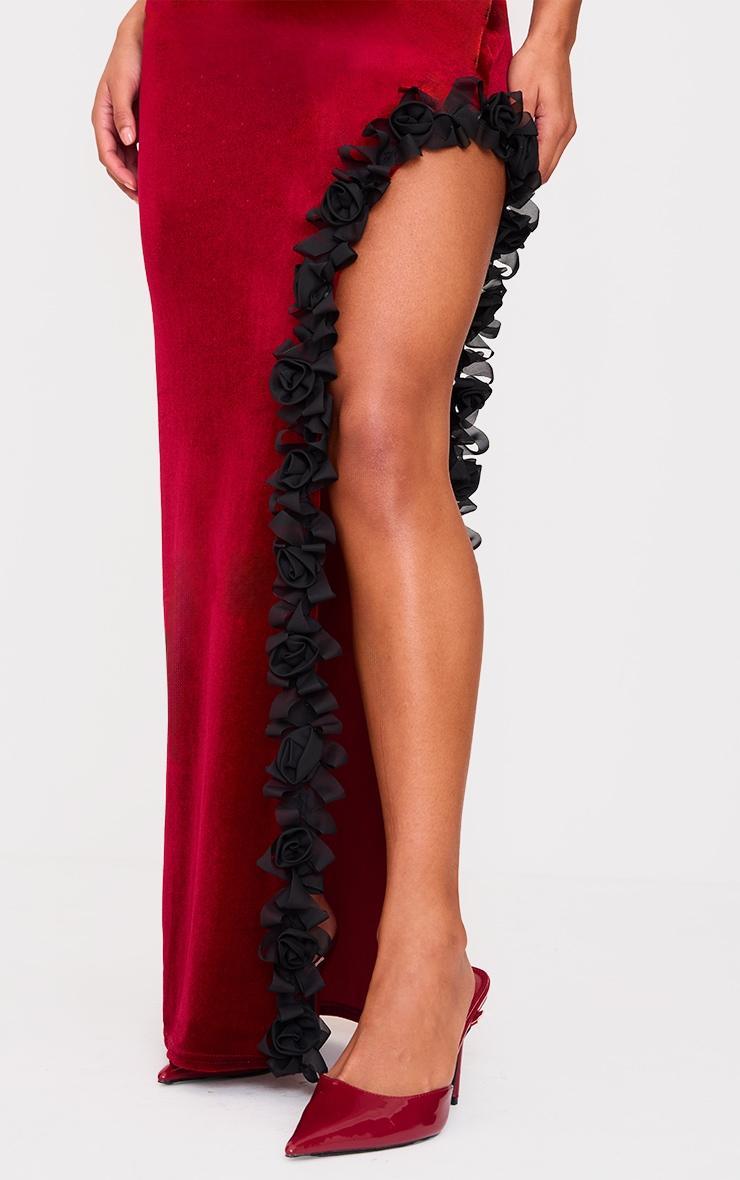 Cherry Red Velvet Bandeau Rose Detail Slit Midaxi Dresss Product Image