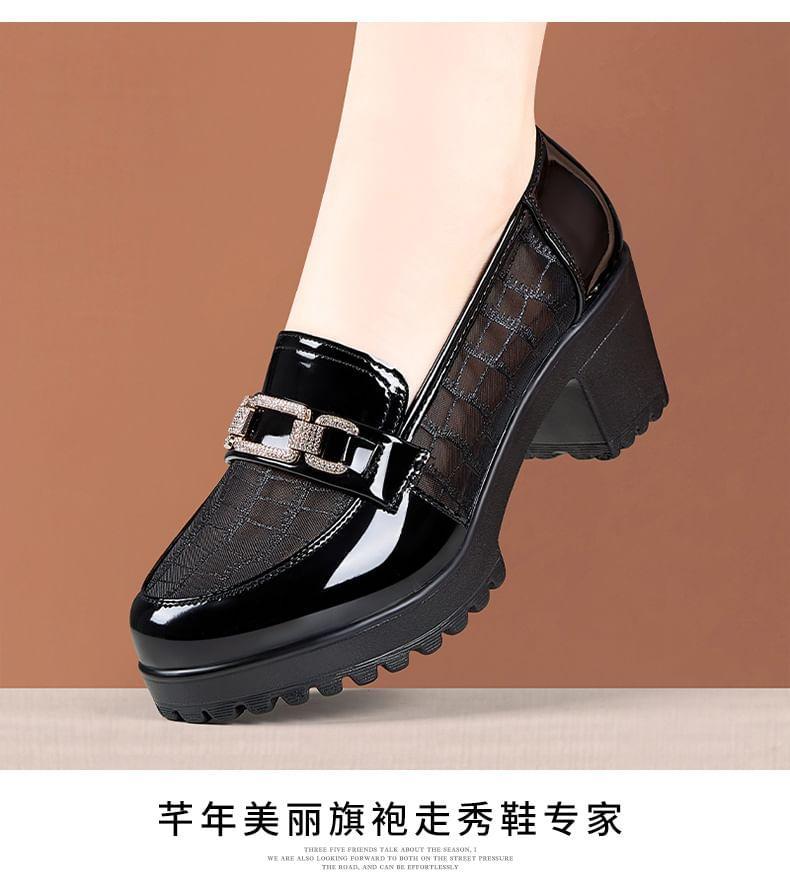 Platform Patent Leather Panel Mesh Block Heel Loafers Product Image