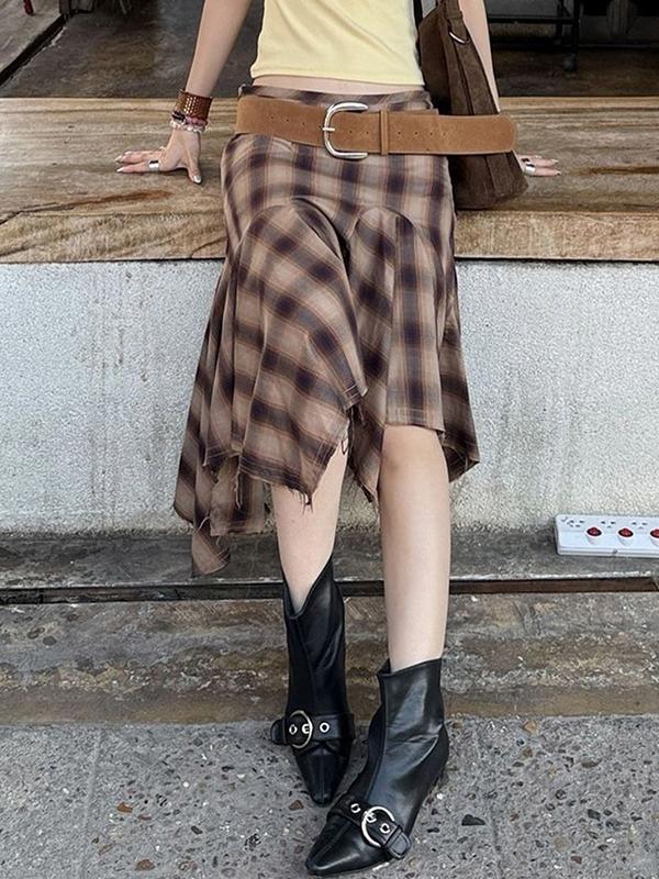 Retro Plaid Patchwork Maxi Skirt Product Image