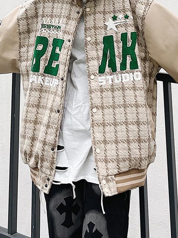 Letter Embroidery Plaid Splice Varsity Jacket Product Image